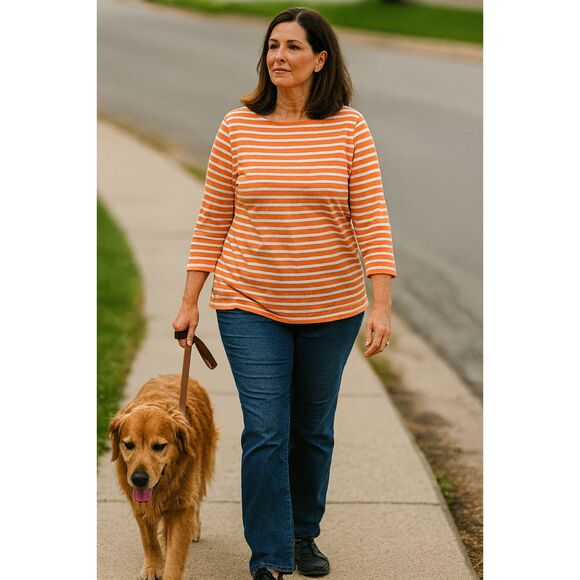 Talbots Top XL Orange White Stripe Boat Neck 3/4 Sleeve Normcore Casual Chic - Picture 1 of 5